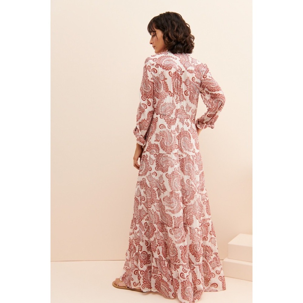 Anthropologie Allaire Red Paisley Lace Bib Maxi Dress XL Boho Long Sleeve Tiered - Picture 3 of 8